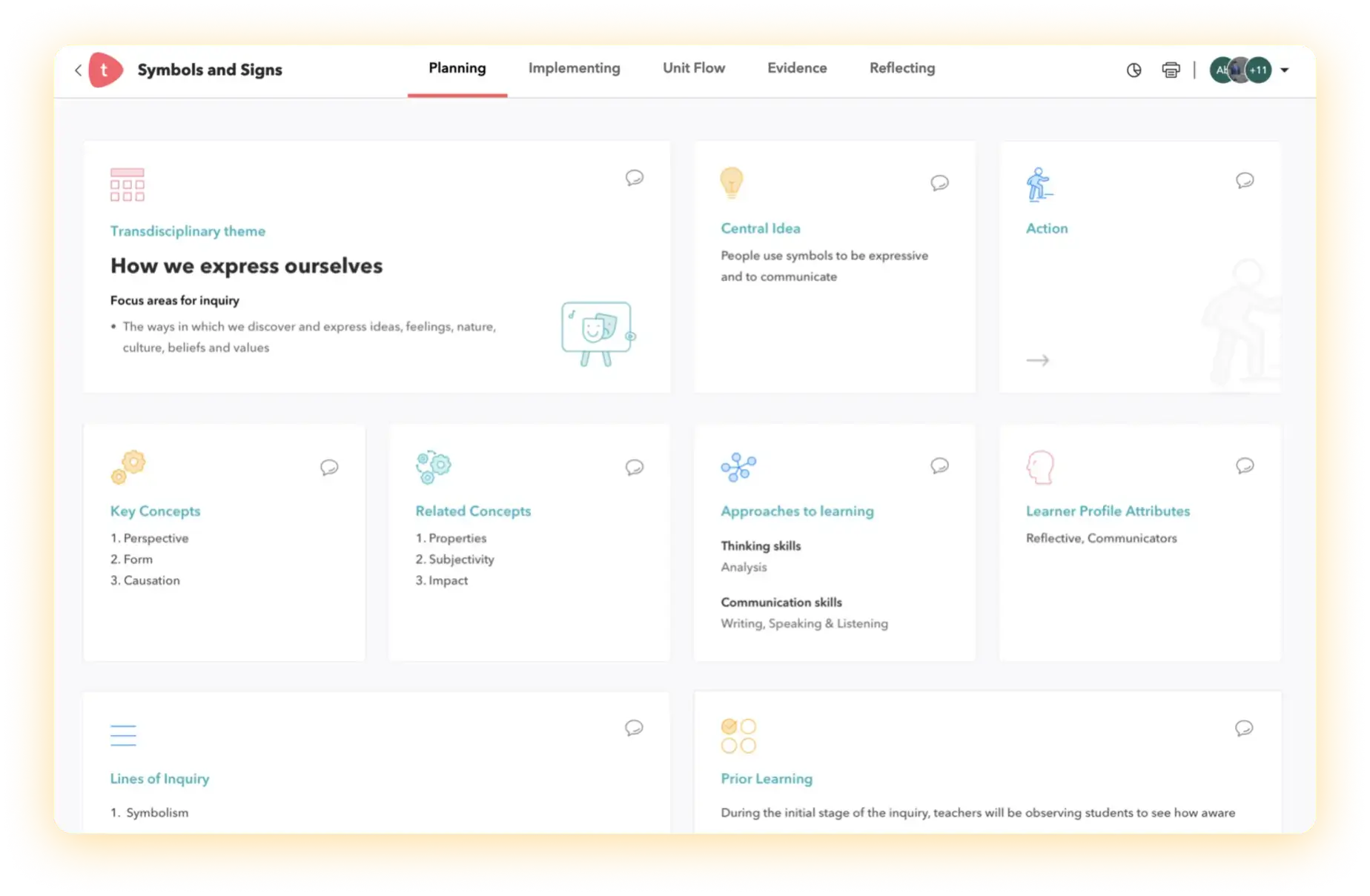 Toddle's Unit Planning user interface that maps out with themes, attributes and approaches to learning